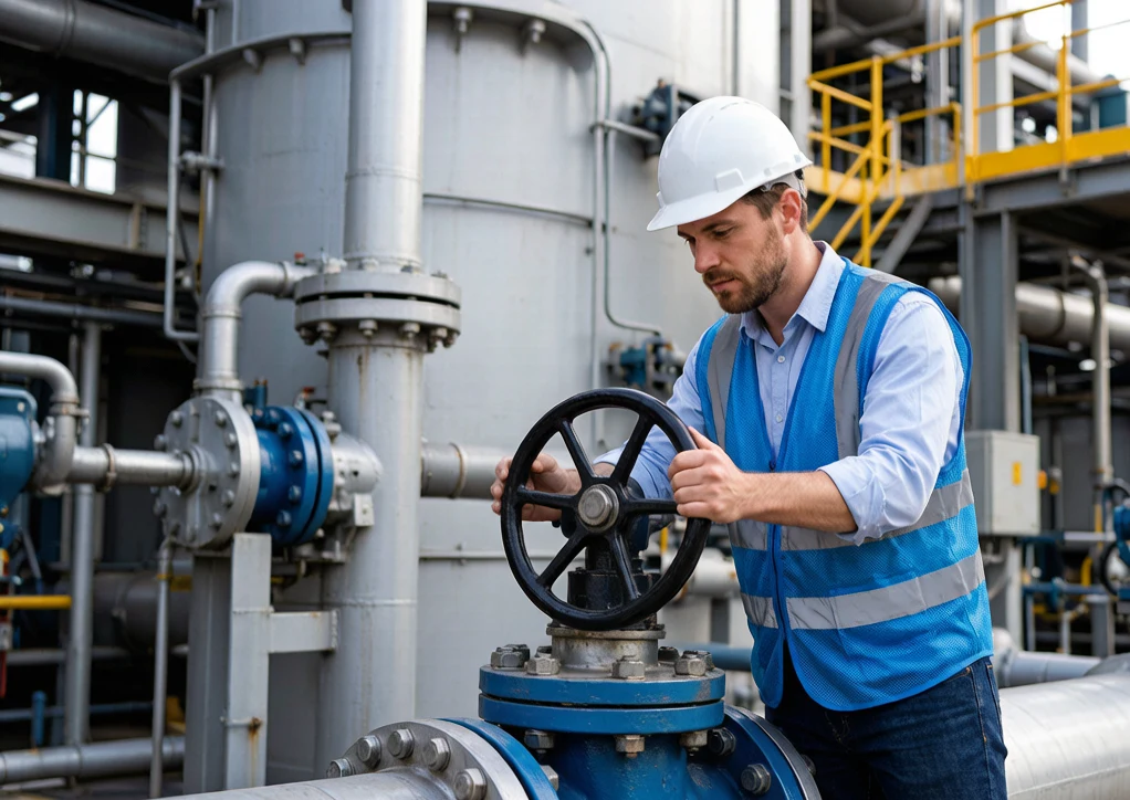 Plant engineer operating a large diameter gear operated ball valve at a petrochemical facility